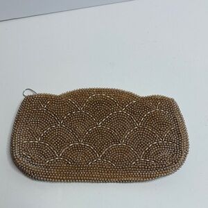 Vintage Gold Tan Beaded Scalloped Zippered Clutch Japan